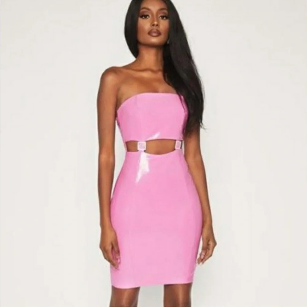 Meshki Jennifer pink latex rhinestone strapless dress